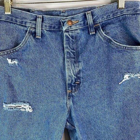 RUSTLER Upcycled Cutoff Jean Shorts Blue Mid Wash Denim Distressed Size 34 - Picture 3 of 10